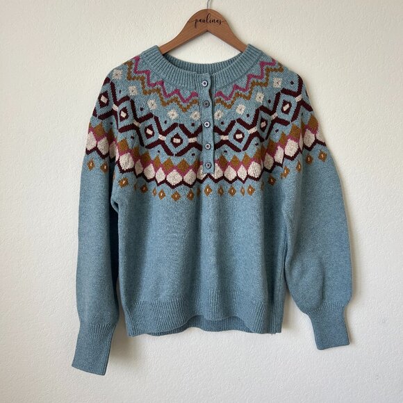 Sundance Sweater Womens XL Blue Fair Isle Nordic Button Pullover Cozy Boho Top - Picture 1 of 8